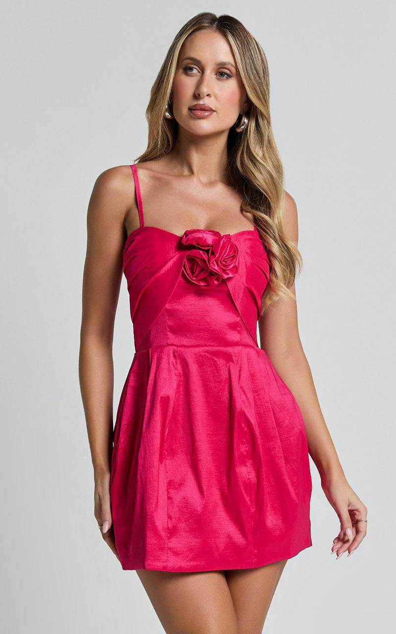 Showpo Amberle Mini Dress - Strappy Rosette Detail Bodice Dress Raspberry | LCWUTG872