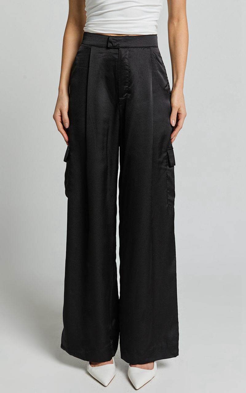 Showpo Amie Pants - High Waist Satin Tailored Cargo Pants Black | ZBAWXT468