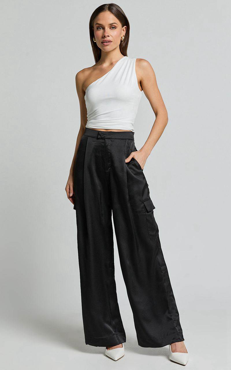 Showpo Amie Pants - High Waist Satin Tailored Cargo Pants Black | ZBAWXT468