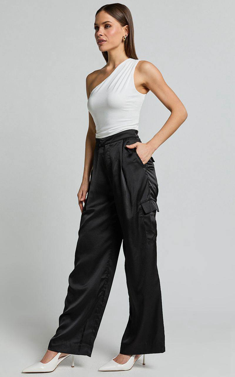 Showpo Amie Pants - High Waist Satin Tailored Cargo Pants Black | ZBAWXT468