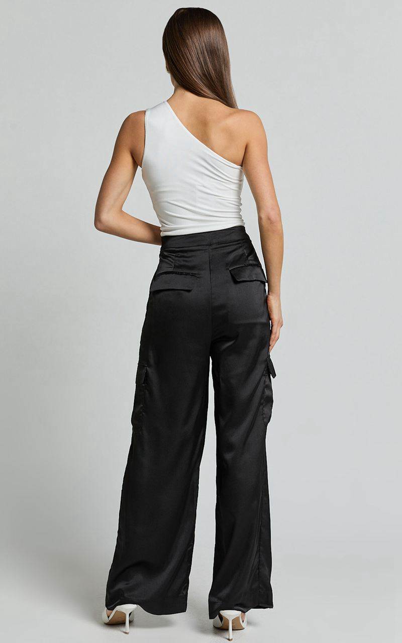 Showpo Amie Pants - High Waist Satin Tailored Cargo Pants Black | ZBAWXT468