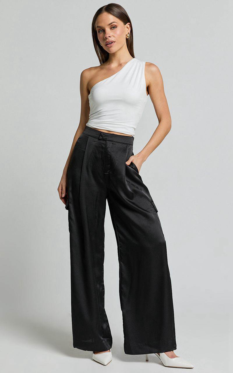 Showpo Amie Pants - High Waist Satin Tailored Cargo Pants Black | ZBAWXT468