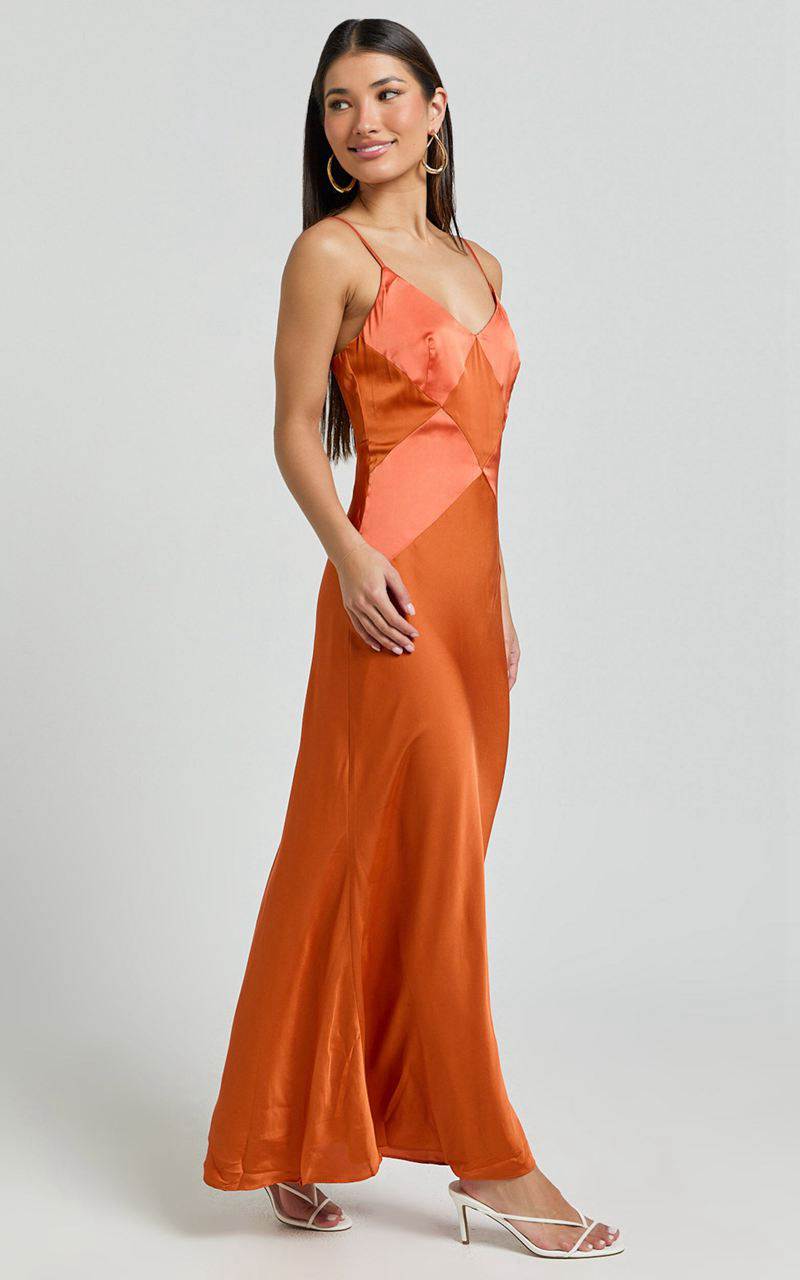 Showpo Amira Midi Dress - V Neck Sleeveless Slip Dress Orange | ZLJSPG953