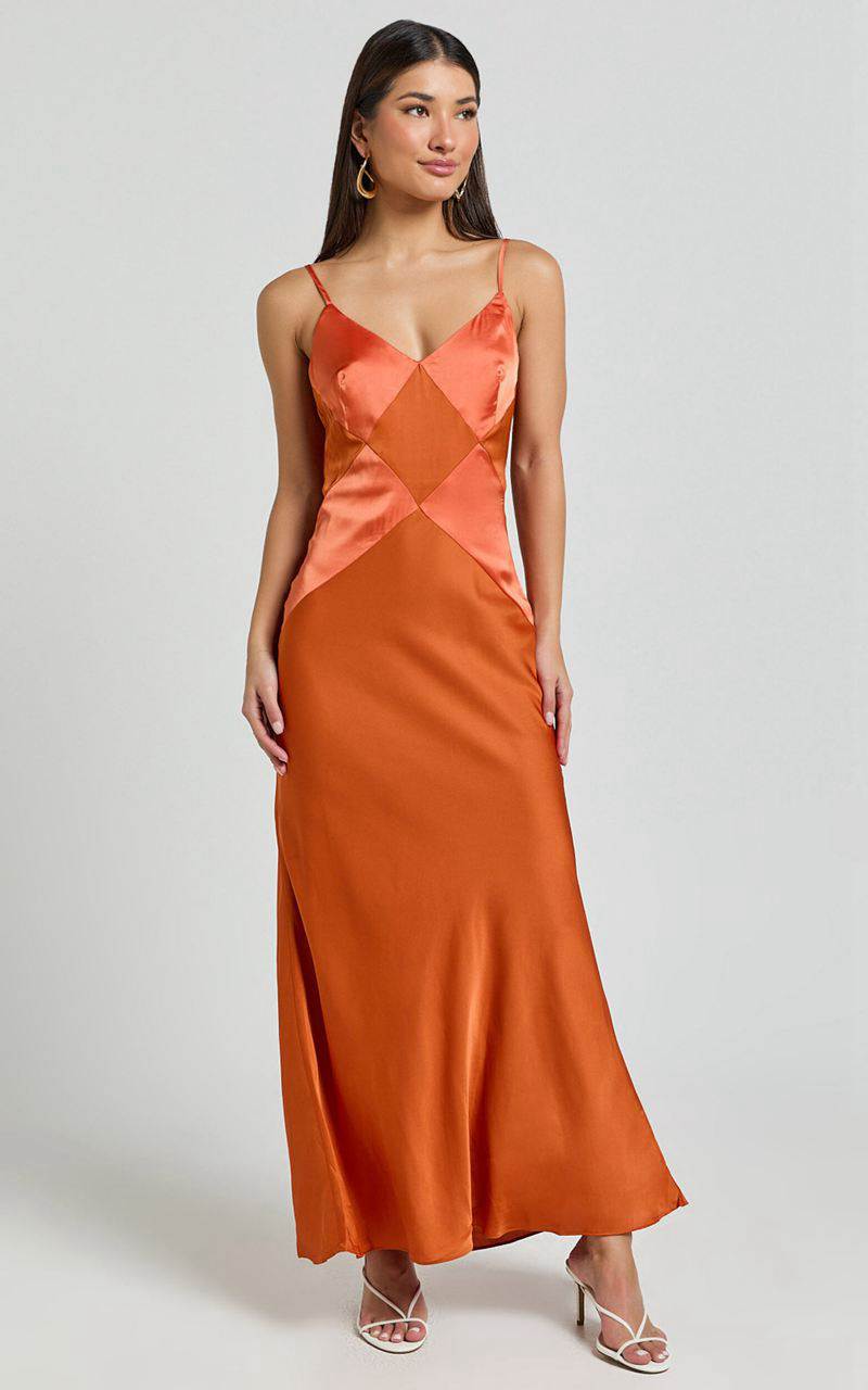 Showpo Amira Midi Dress - V Neck Sleeveless Slip Dress Orange | ZLJSPG953