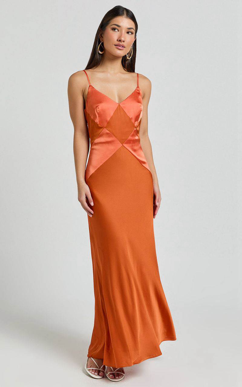 Showpo Amira Midi Dress - V Neck Sleeveless Slip Dress Orange | ZLJSPG953