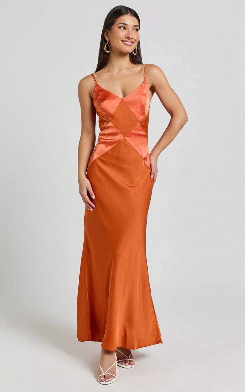 Showpo Amira Midi Dress - V Neck Sleeveless Slip Dress Orange | ZLJSPG953