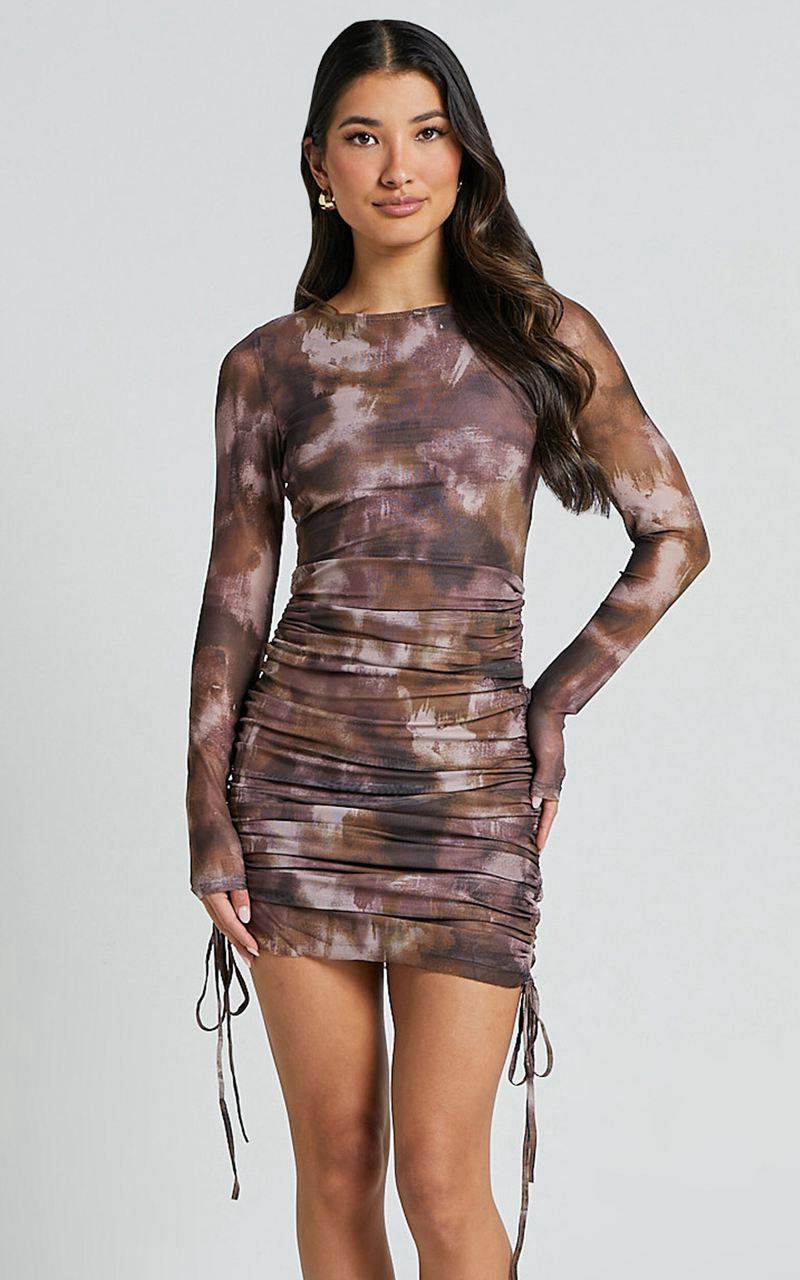 Showpo Amira Mini Dress - Ruched Mesh Dress Rustic Haze Print | TRYSJG420