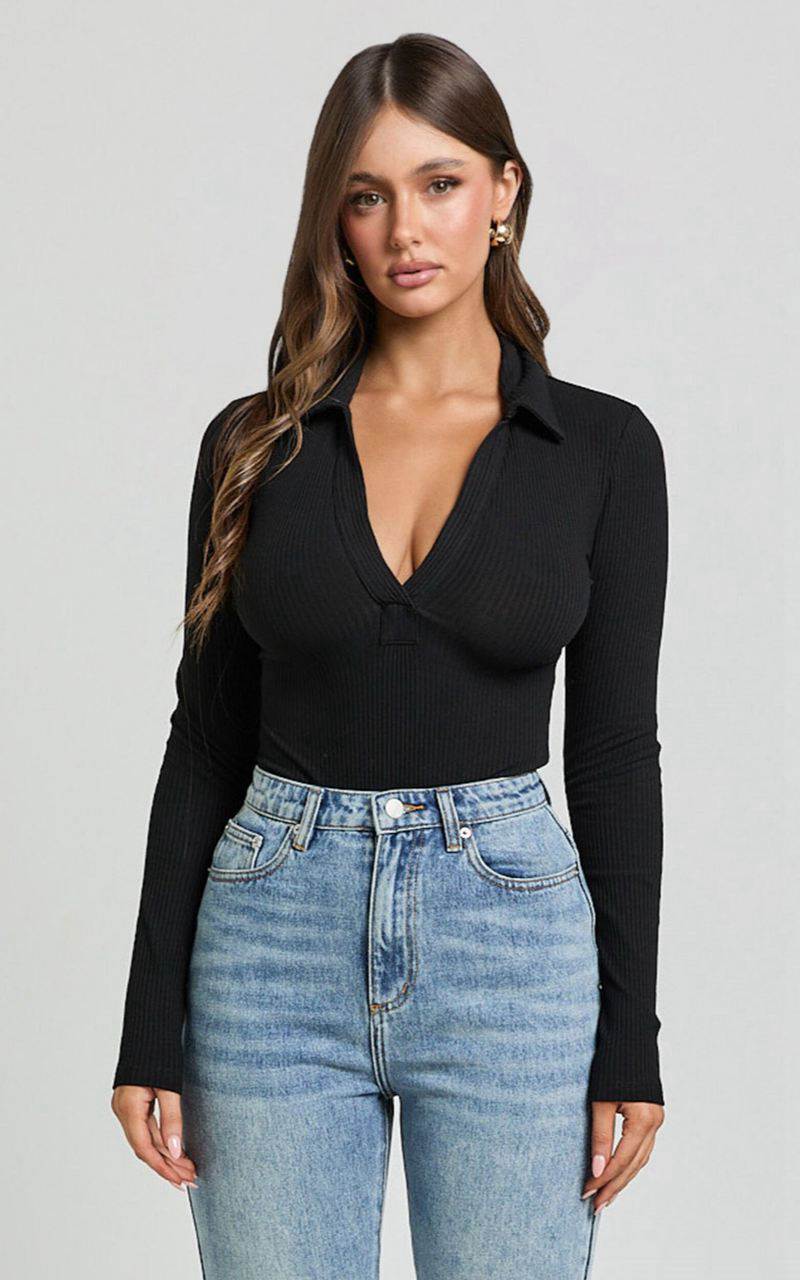 Showpo Amira Top - V Neck Long Sleeve Collared Bodysuit Black | XCSERZ240