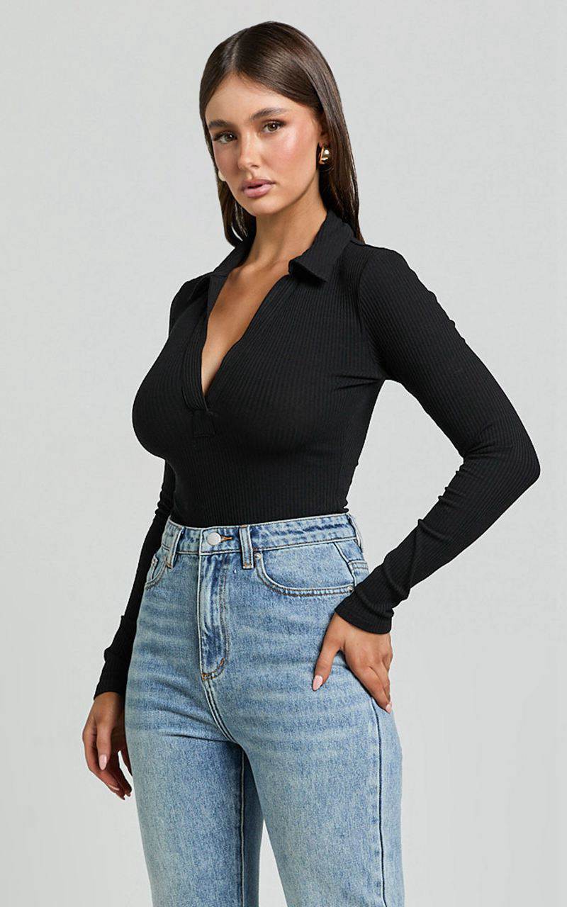 Showpo Amira Top - V Neck Long Sleeve Collared Bodysuit Black | XCSERZ240