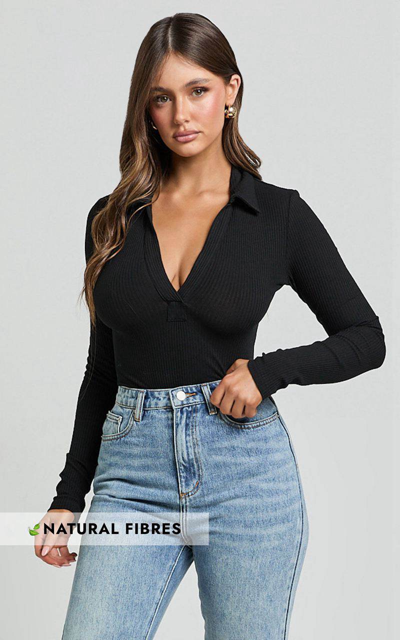 Showpo Amira Top - V Neck Long Sleeve Collared Bodysuit Black | XCSERZ240