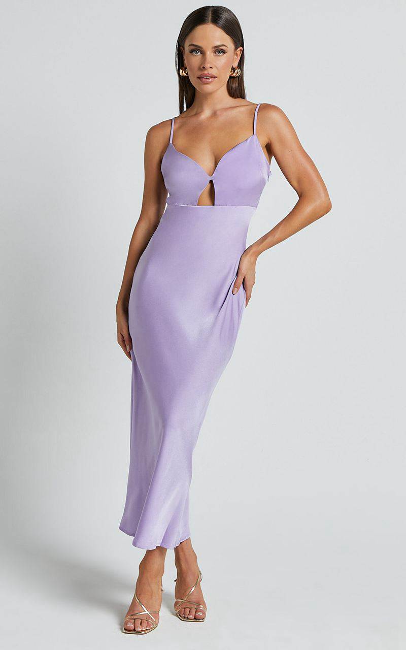 Showpo Amitola Midi Dress - V Neck Cut Out Slip Dress Lilac | USABRT701