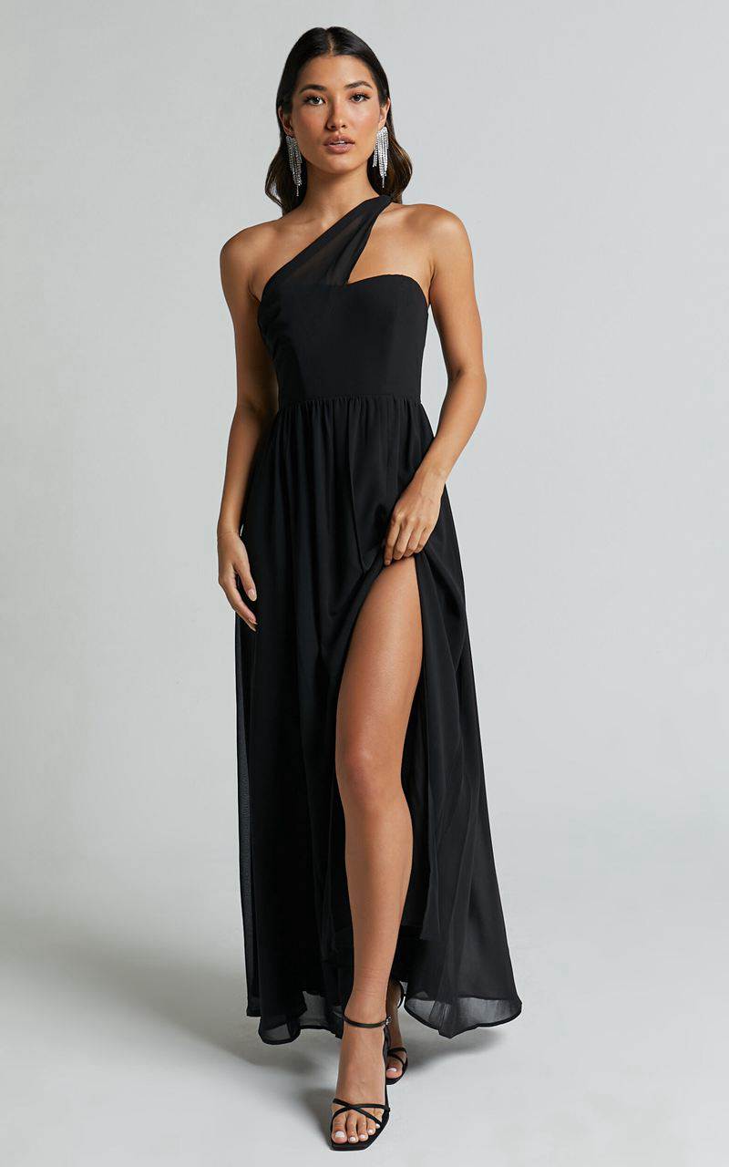 Showpo Amorette Maxi Dress - One Shoulder Detail Gown Dress Black | SAMKGQ385