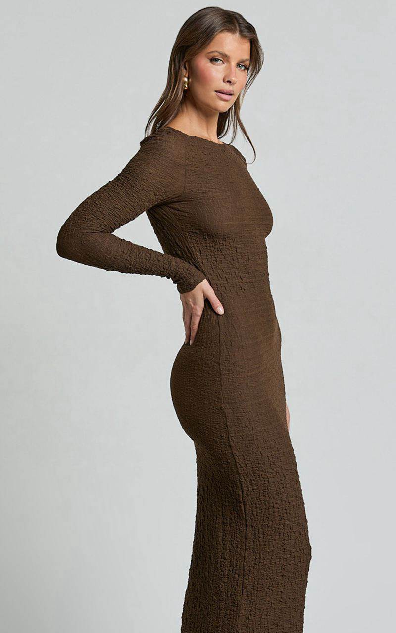 Showpo Amy Midi Dress - Scoop Long Sleeve Bodycon Dress Chocolate | BCRTXJ501