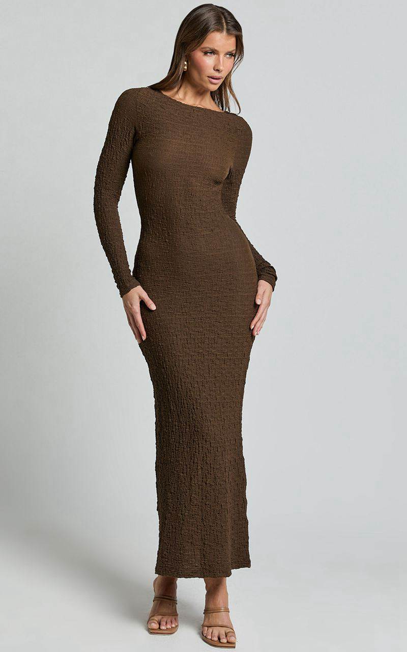 Showpo Amy Midi Dress - Scoop Long Sleeve Bodycon Dress Chocolate | BCRTXJ501