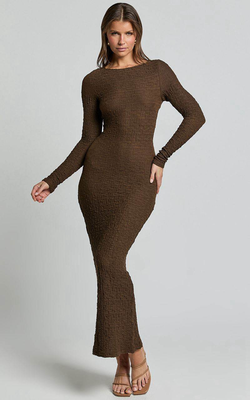 Showpo Amy Midi Dress - Scoop Long Sleeve Bodycon Dress Chocolate | BCRTXJ501