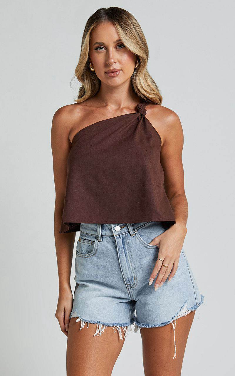 Showpo Analia Top - Linen Look One Shoulder Knot Detail Top Chocolate | DBUCAG607