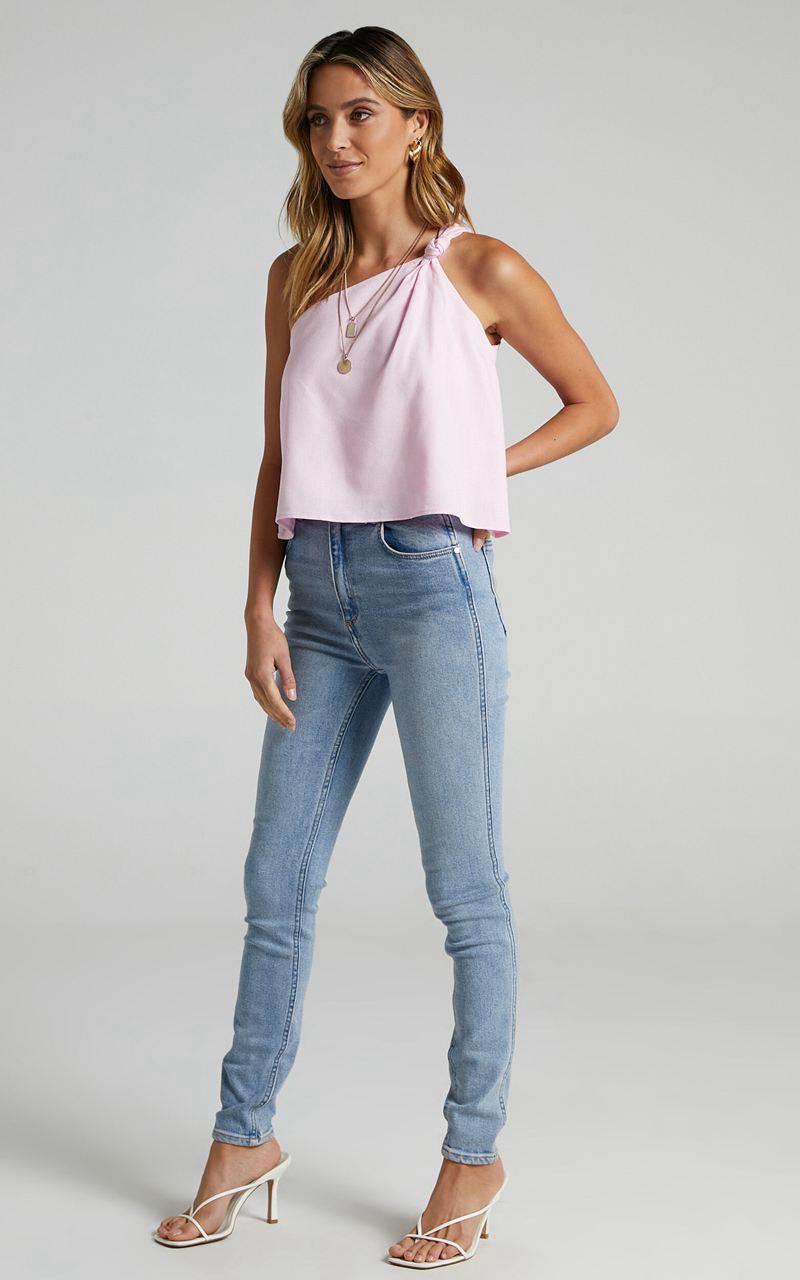 Showpo Analia Top - Linen Look One Shoulder Knot Detail Top Pink | KYBTDR843