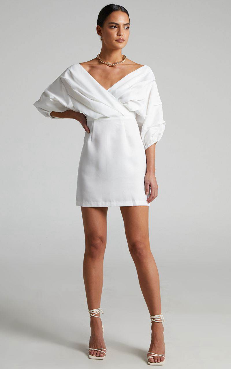 Showpo Anastasija Mini Dress - Off Shoulder V Neck Dress White | ENFJTP273