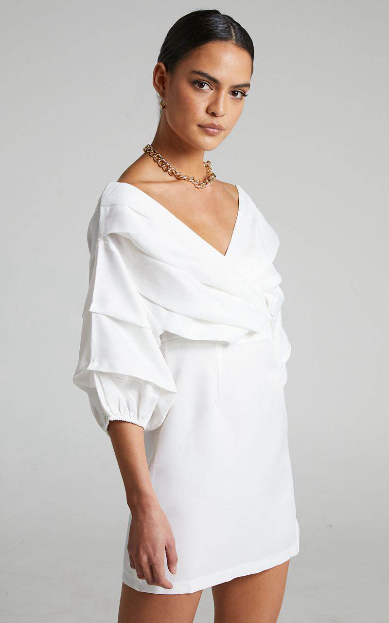 Showpo Anastasija Mini Dress - Off Shoulder V Neck Dress White | ENFJTP273