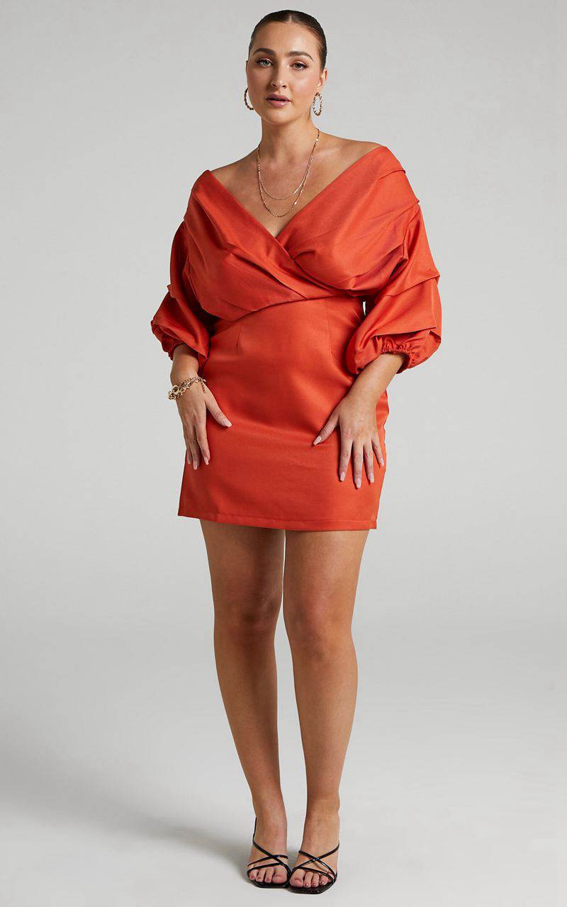 Showpo Anastasija Mini Dress - Off Shoulder V Neck Dress Paprika | SHCUKE687