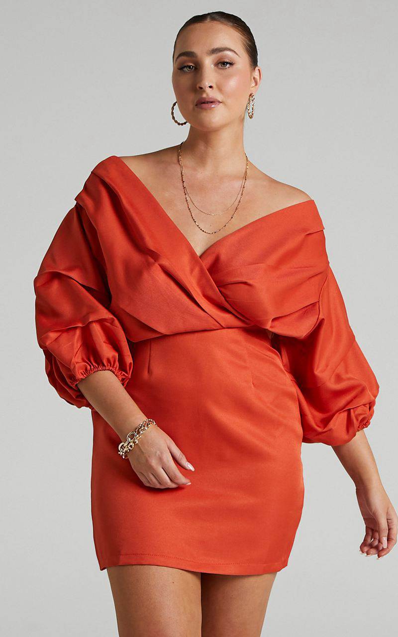 Showpo Anastasija Mini Dress - Off Shoulder V Neck Dress Paprika | SHCUKE687