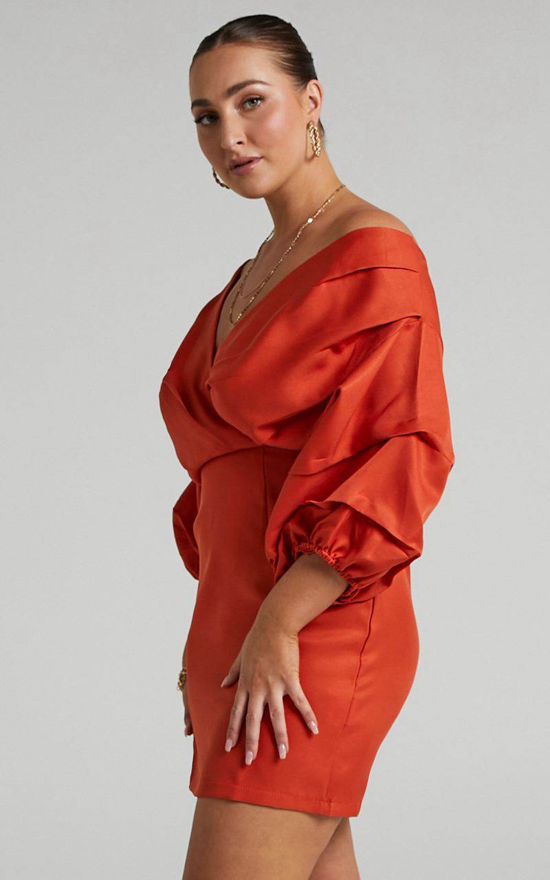 Showpo Anastasija Mini Dress - Off Shoulder V Neck Dress Paprika | SHCUKE687