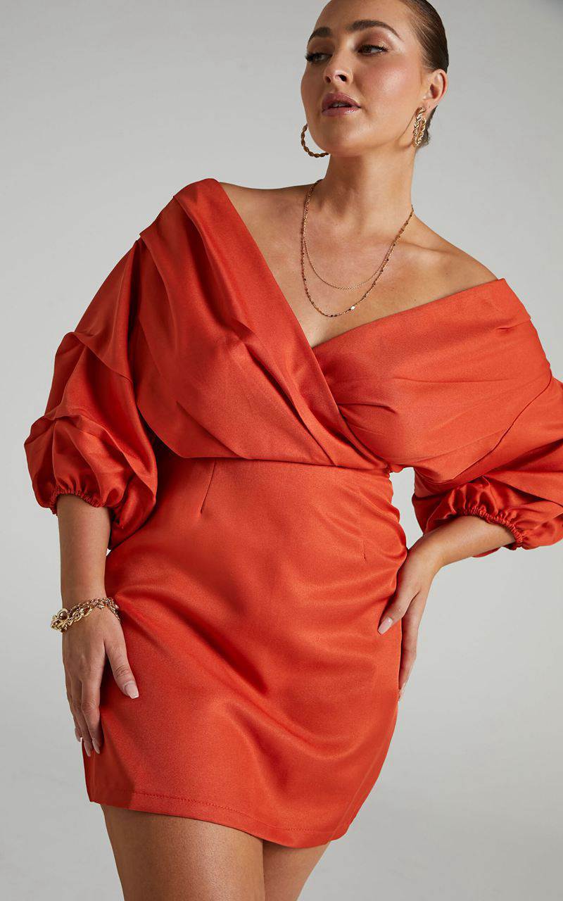 Showpo Anastasija Mini Dress - Off Shoulder V Neck Dress Paprika | SHCUKE687