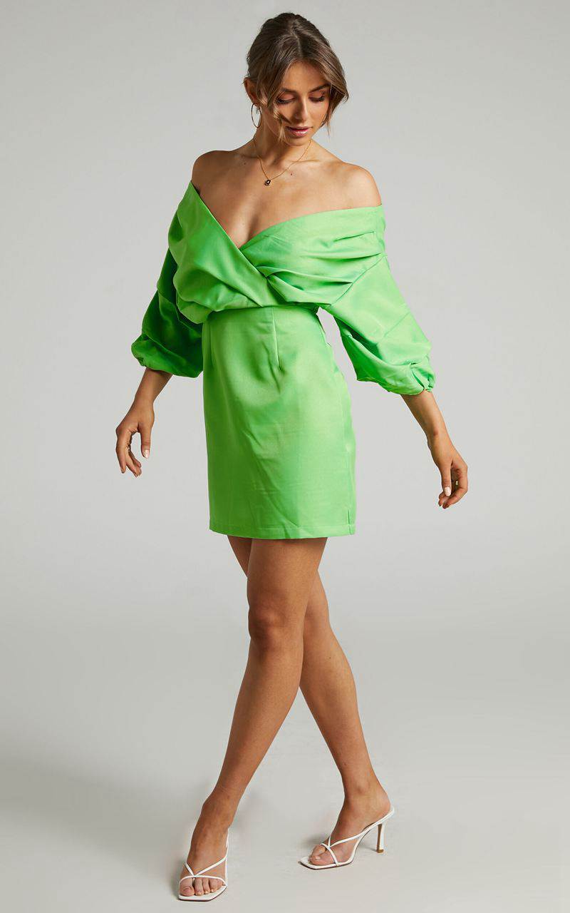 Showpo Anastasija Mini Dress - Off Shoulder V Neck Dress Apple Green | AYBZJV819