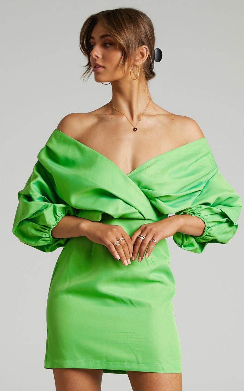 Showpo Anastasija Mini Dress - Off Shoulder V Neck Dress Apple Green | AYBZJV819