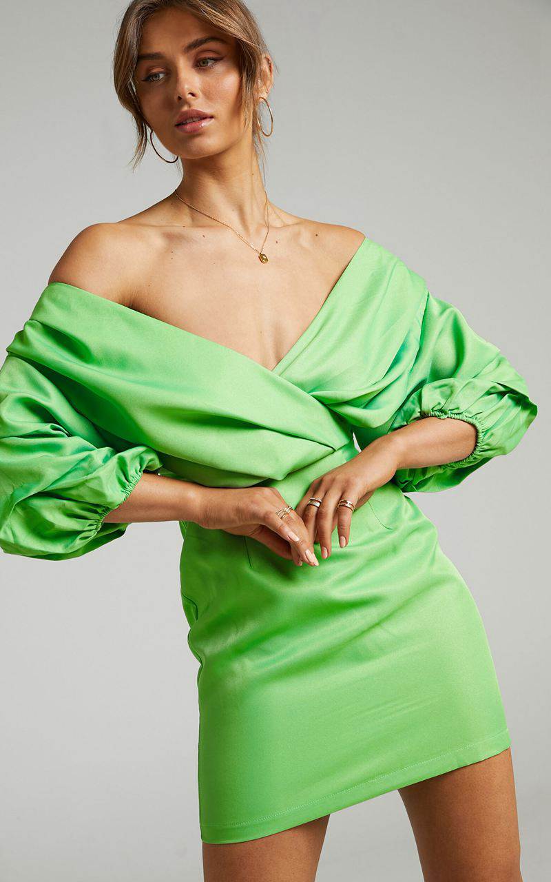 Showpo Anastasija Mini Dress - Off Shoulder V Neck Dress Apple Green | AYBZJV819