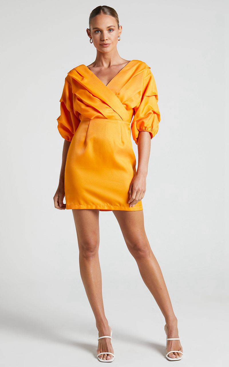 Showpo Anastasija Mini Dress - Off Shoulder V Neck Dress Mango | MVHGIP982