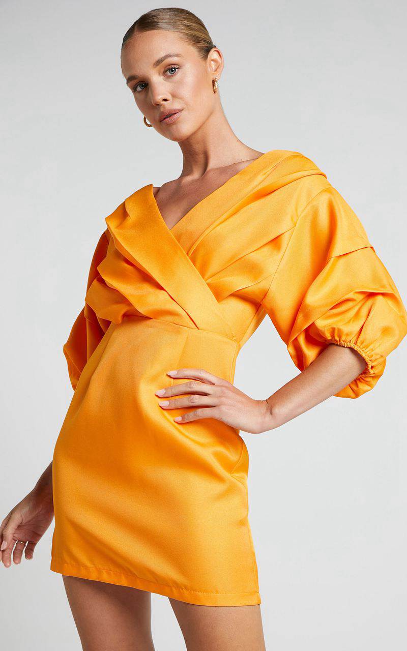 Showpo Anastasija Mini Dress - Off Shoulder V Neck Dress Mango | MVHGIP982