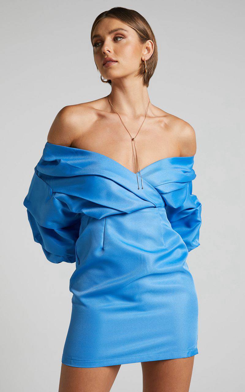 Showpo Anastasija Mini Dress - Off Shoulder V Neck Dress Blue | MIKBDE357