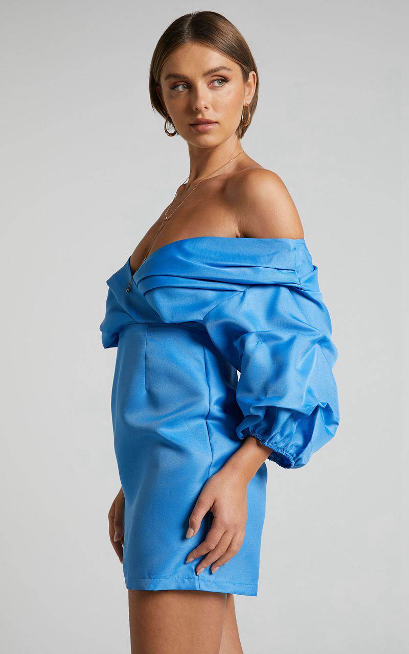 Showpo Anastasija Mini Dress - Off Shoulder V Neck Dress Blue | MIKBDE357