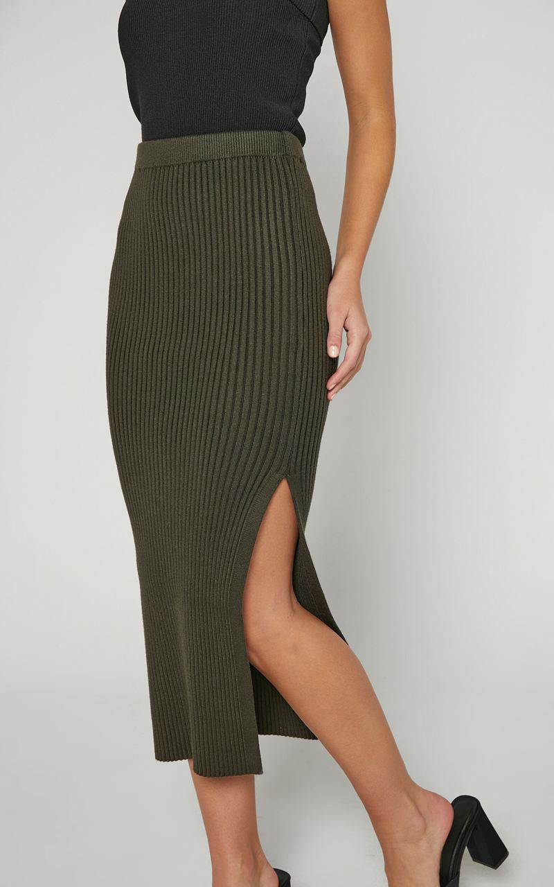 Showpo Andalucia Midi Skirt - Ribbed Side Split Skirt Dark Olive | GKDLNV072