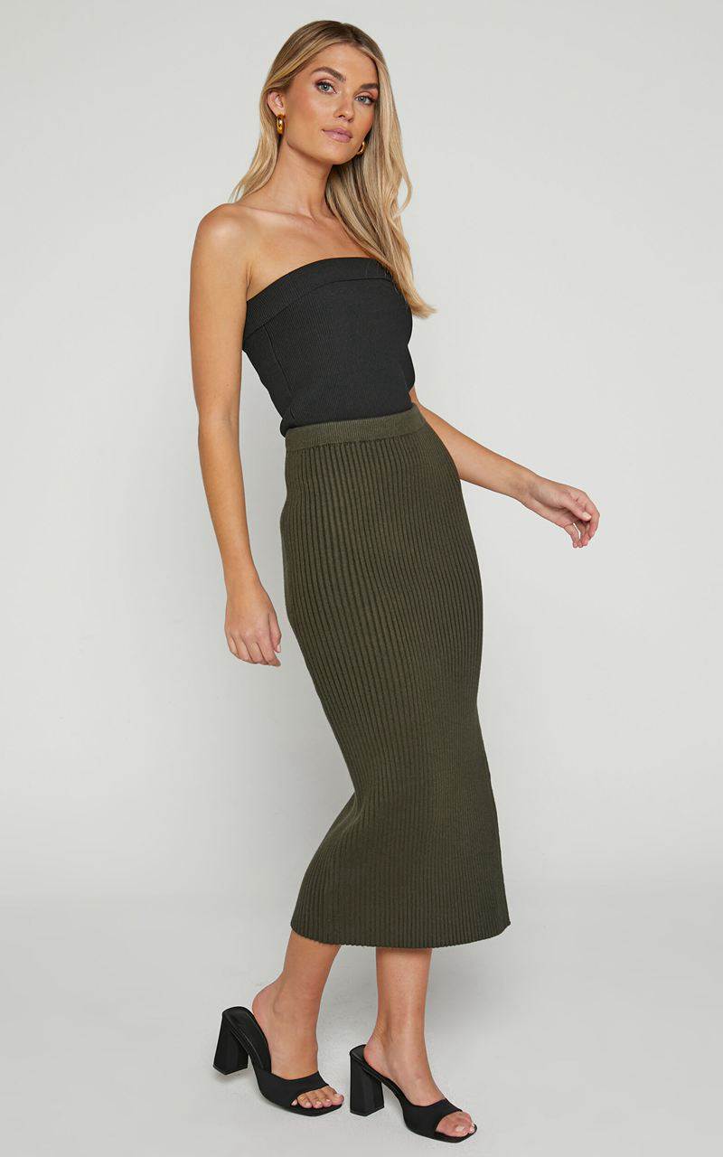 Showpo Andalucia Midi Skirt - Ribbed Side Split Skirt Dark Olive | GKDLNV072