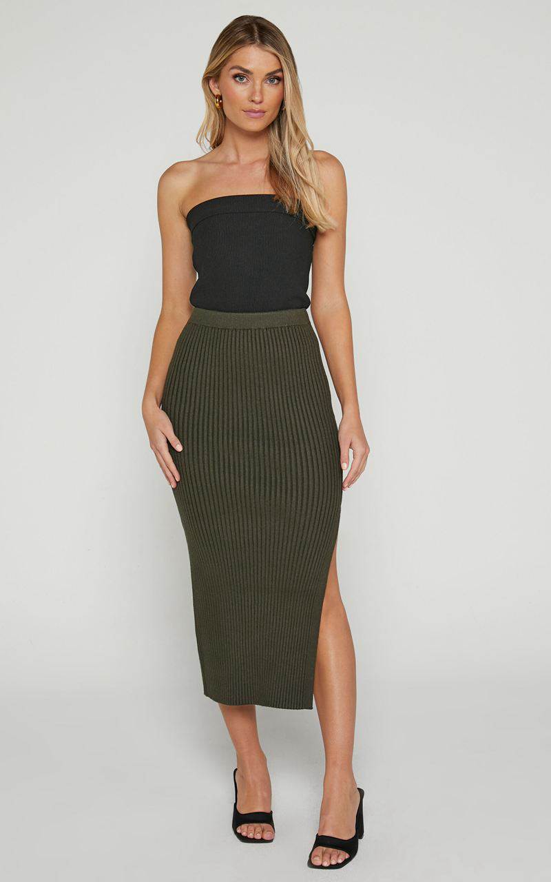 Showpo Andalucia Midi Skirt - Ribbed Side Split Skirt Dark Olive | GKDLNV072