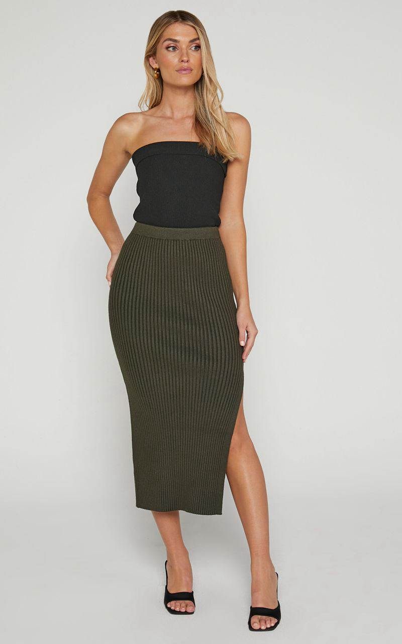 Showpo Andalucia Midi Skirt - Ribbed Side Split Skirt Dark Olive | GKDLNV072