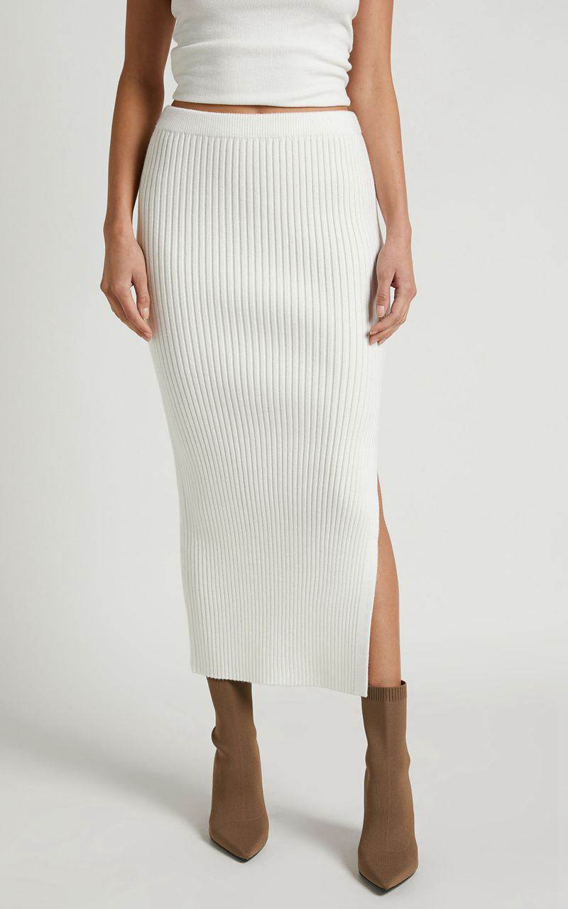 Showpo Andalucia Midi Skirt - Ribbed Side Split Skirt Cream | SWNXVT097