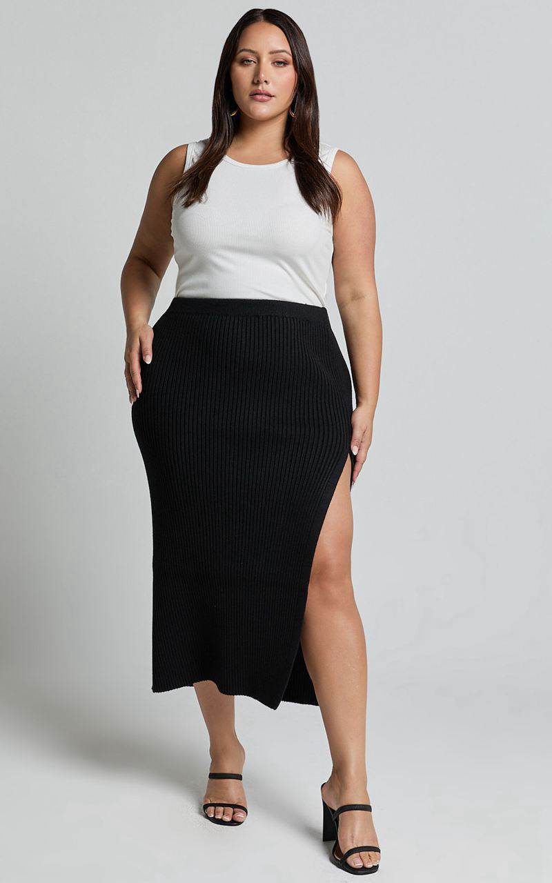 Showpo Andalucia Midi Skirt - Ribbed Side Split Skirt Black | UEVRSK803