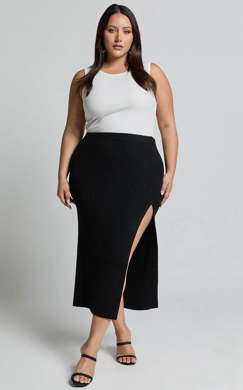 Showpo Andalucia Midi Skirt - Ribbed Side Split Skirt Black | UEVRSK803