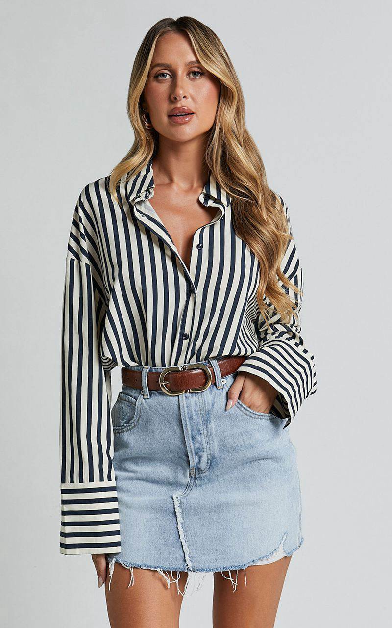 Showpo Anderson Top - Collared Long Sleeve Shirt Navy Stripe | HWRVLN398