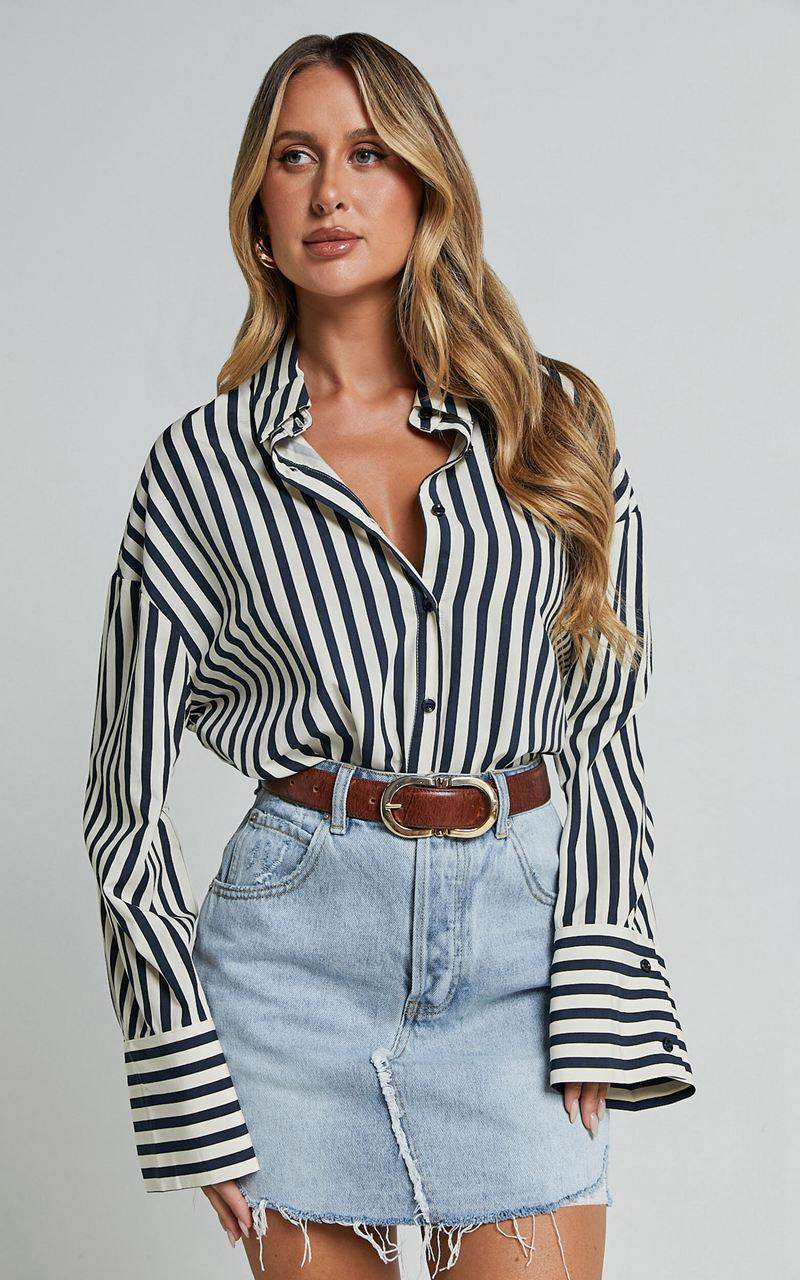 Showpo Anderson Top - Collared Long Sleeve Shirt Navy Stripe | HWRVLN398