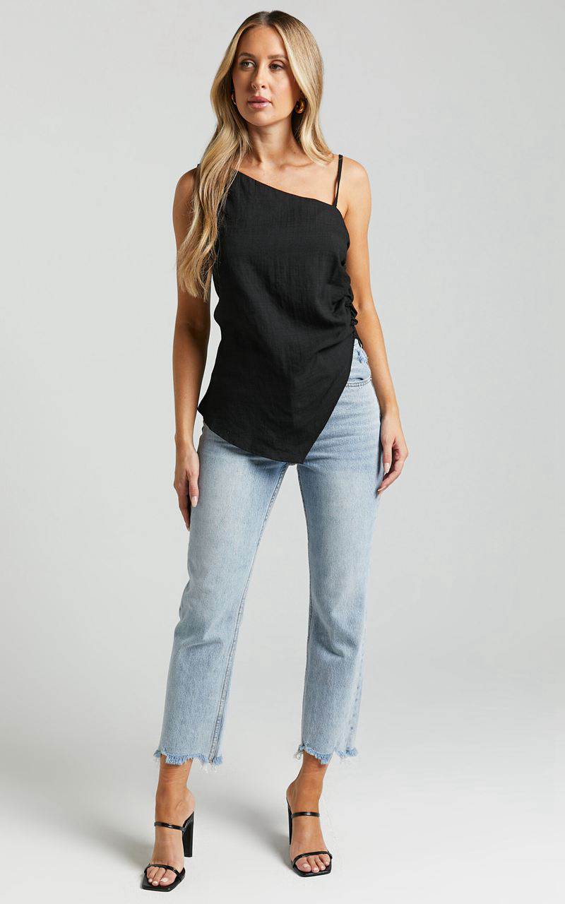 Showpo Andre Top - Asymmetric Shoulder V Hem Cami Black | MJHFIP367