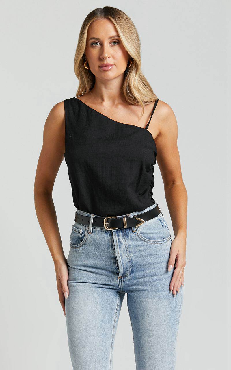 Showpo Andre Top - Asymmetric Shoulder V Hem Cami Black | MJHFIP367