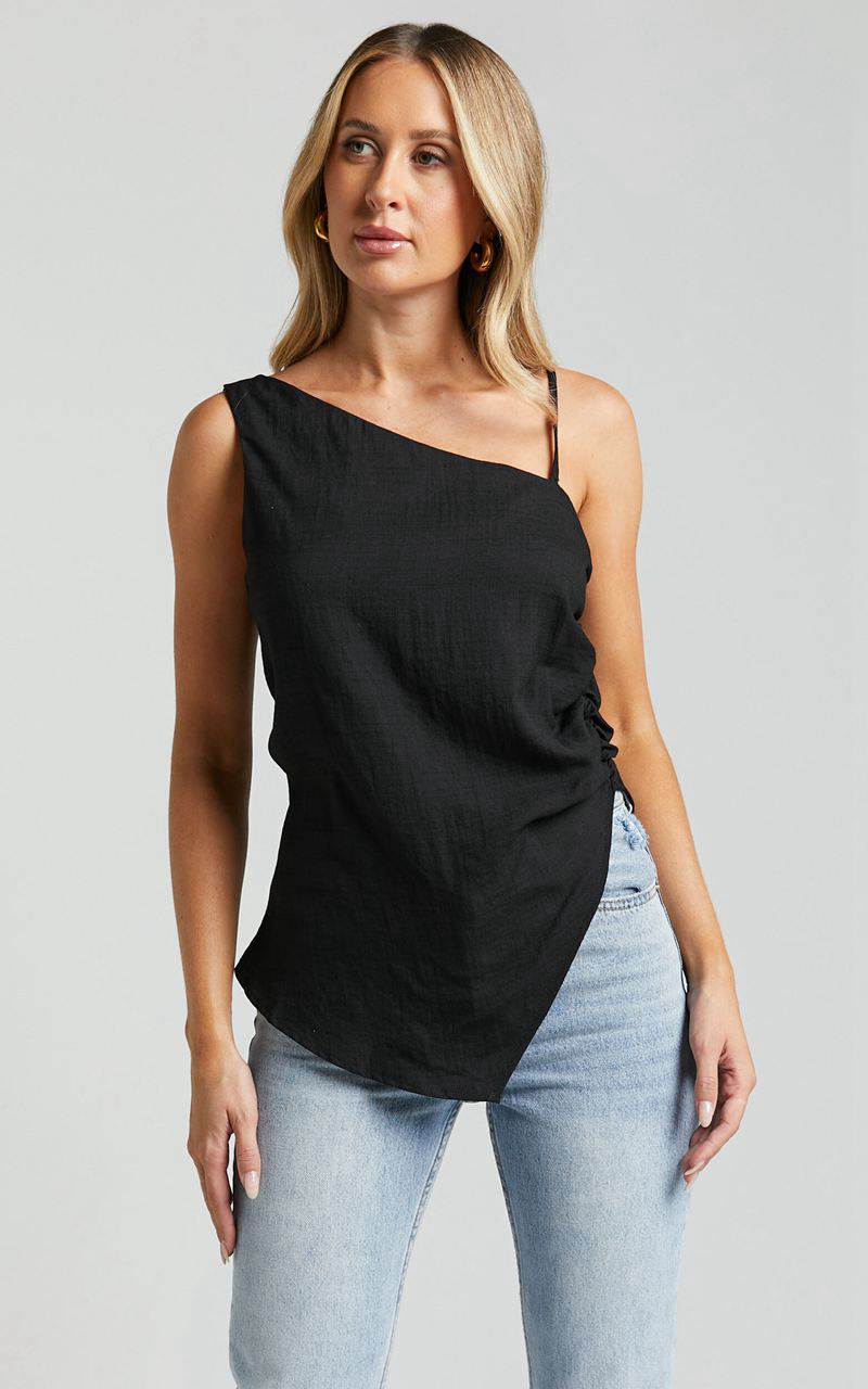 Showpo Andre Top - Asymmetric Shoulder V Hem Cami Black | MJHFIP367