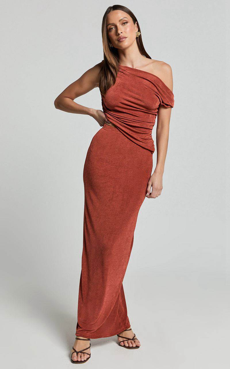 Showpo Andre Two Piece Set - One Shoulder Asymmetric Top And Gathered Maxi Skirt Set Burnt Orange | HNUAJW789