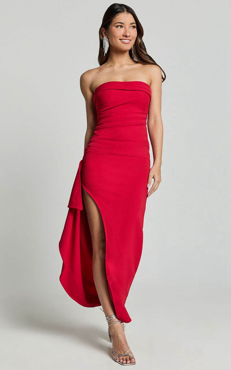 Showpo Andrea Midi Dress - Strapless Ruffle Dress Red | BTEXSA452