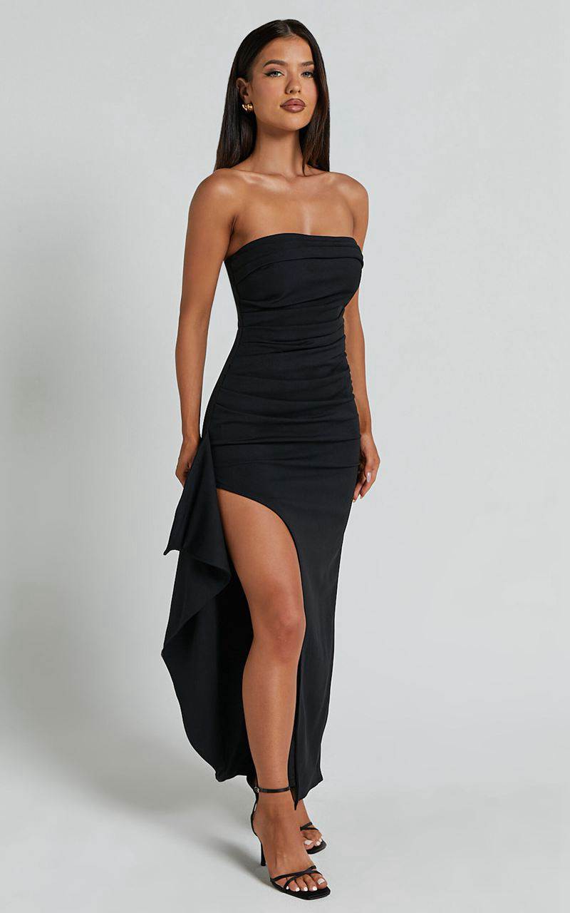 Showpo Andrea Midi Dress - Strapless Ruffle Dress Black | VYJIUX370