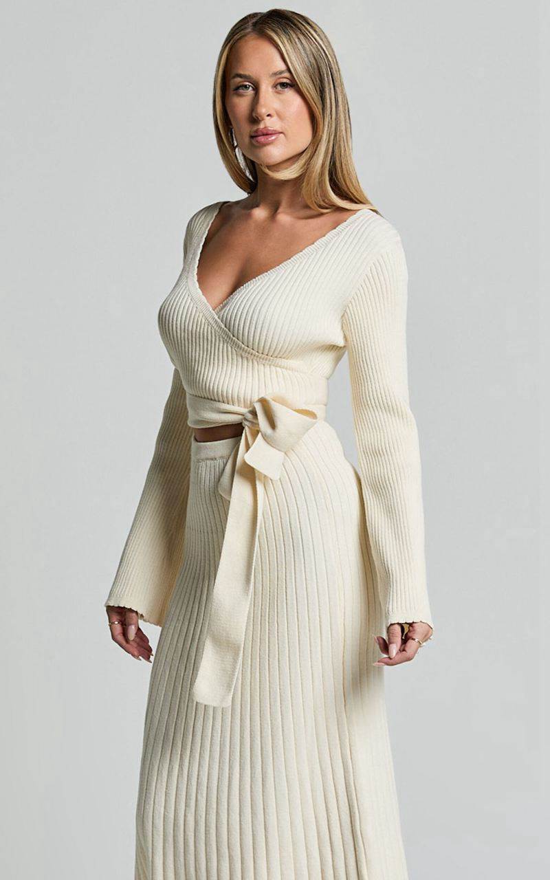 Showpo Andreia Midi Dress - Knitted Wrap Long Sleeve Dress Cream | HABZVG097